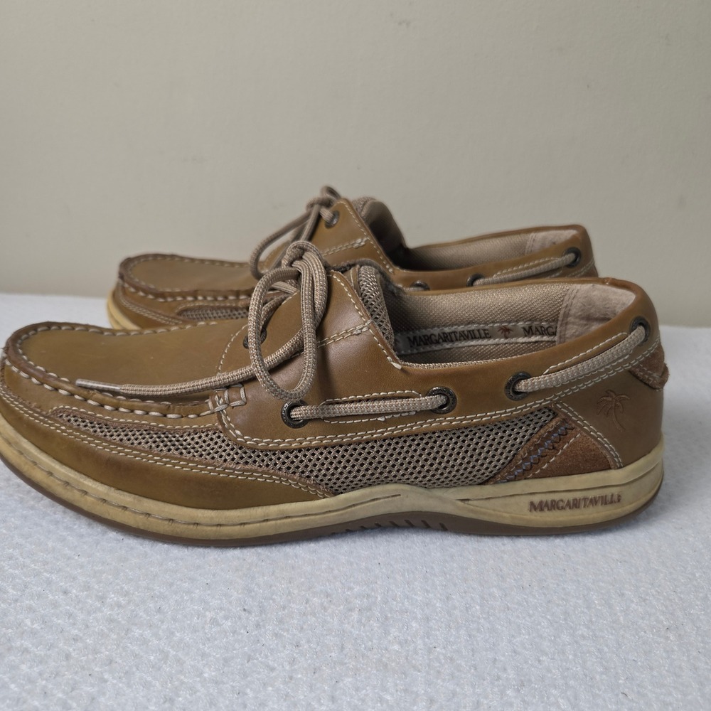 Margaritaville Mens Tan Leather Mesh Boat Shoes MFM171119 Size 9.5